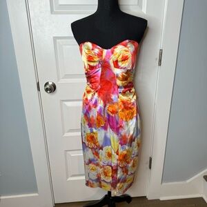 David Meister Strapless Bustier Bright Floral Dress Sz 8 Colorful Orange Purple